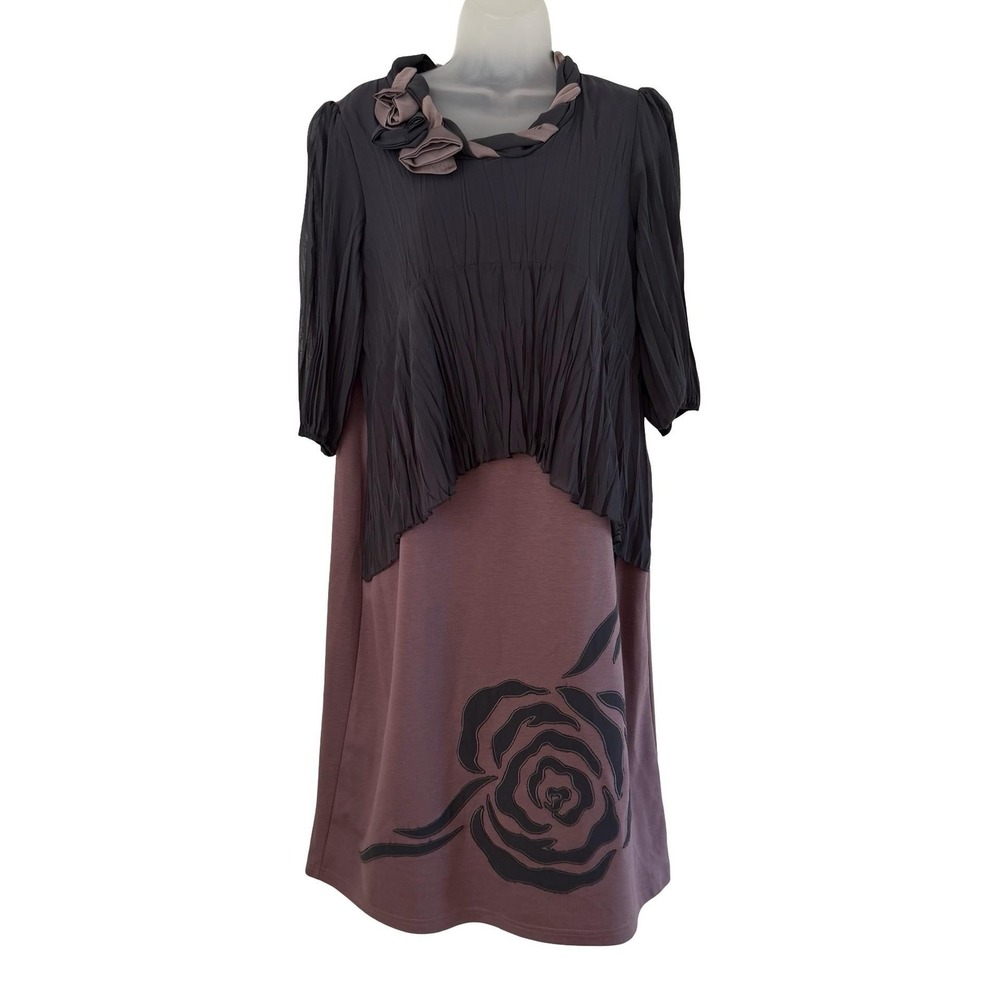Mer D'Or Dress Womens 44 Mauve Gray Overlay Rosette Floral Shift 3/4 Sleeve